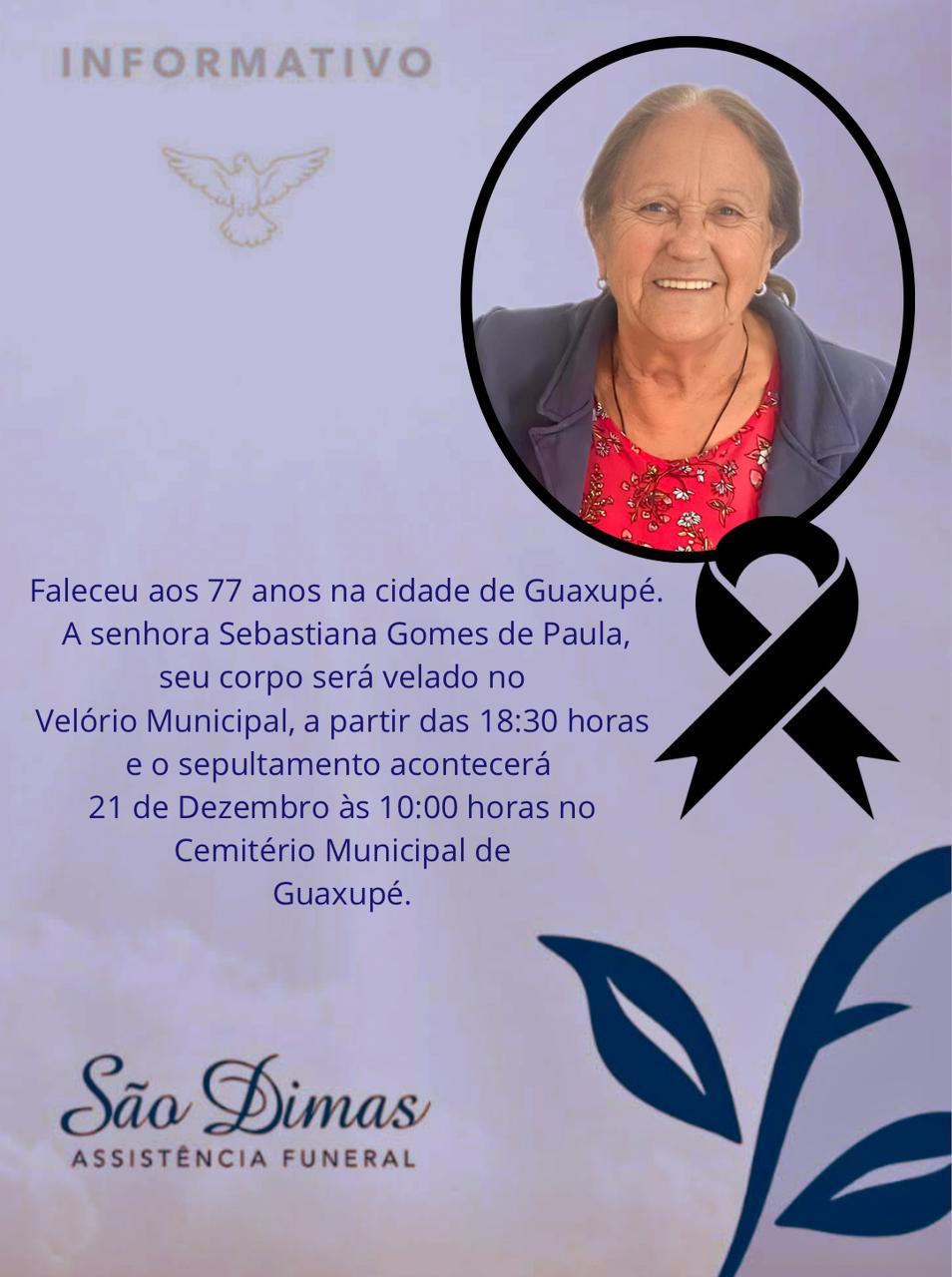 Falece, aos 79 anos, a guaxupeana Sebastiana Gomes de Paula