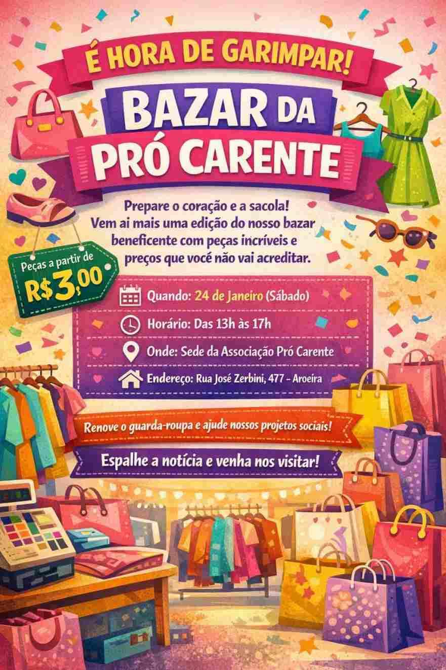 Bazar beneficente da Associa��o Pr� Carente acontece no dia 24 de janeiro