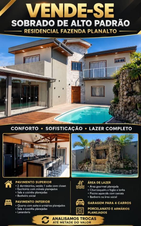 Sobrado de alto padr�o est� � venda no Residencial Fazenda Planalto