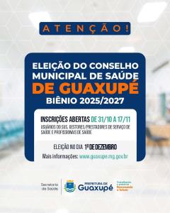 Eleio do Conselho Municipal de Sade de Guaxup abre inscries para o binio 2025/2027
